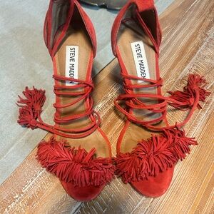 Steve Madden Red Suede Fringe Lace-Up Heels